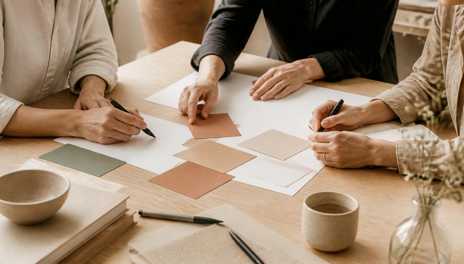 Mani che collaborano su un tavolo di lavoro con fogli e schede colorate