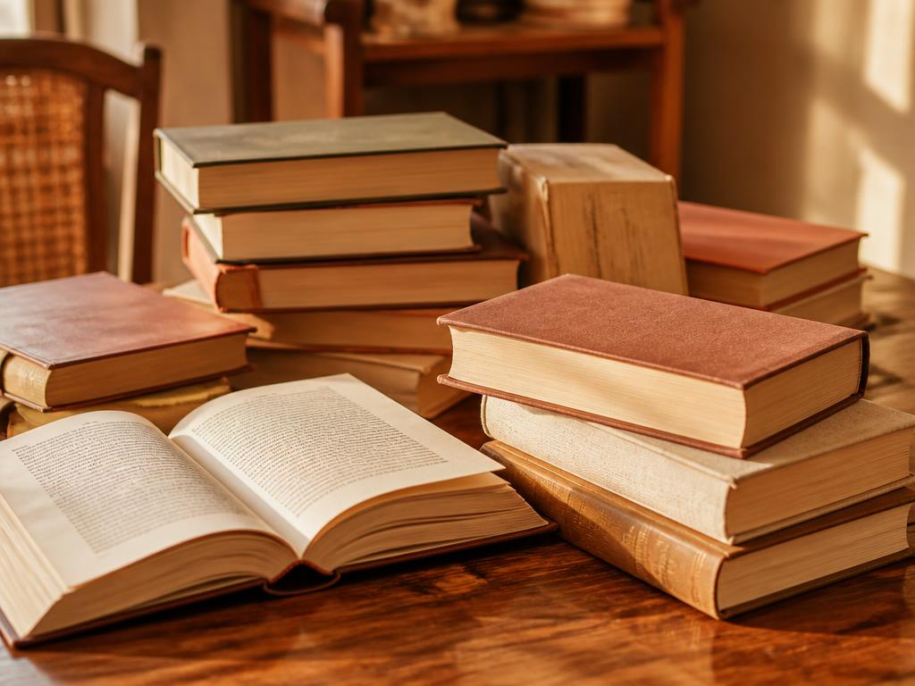 Pile di libri appoggiati su un tavolo di legno