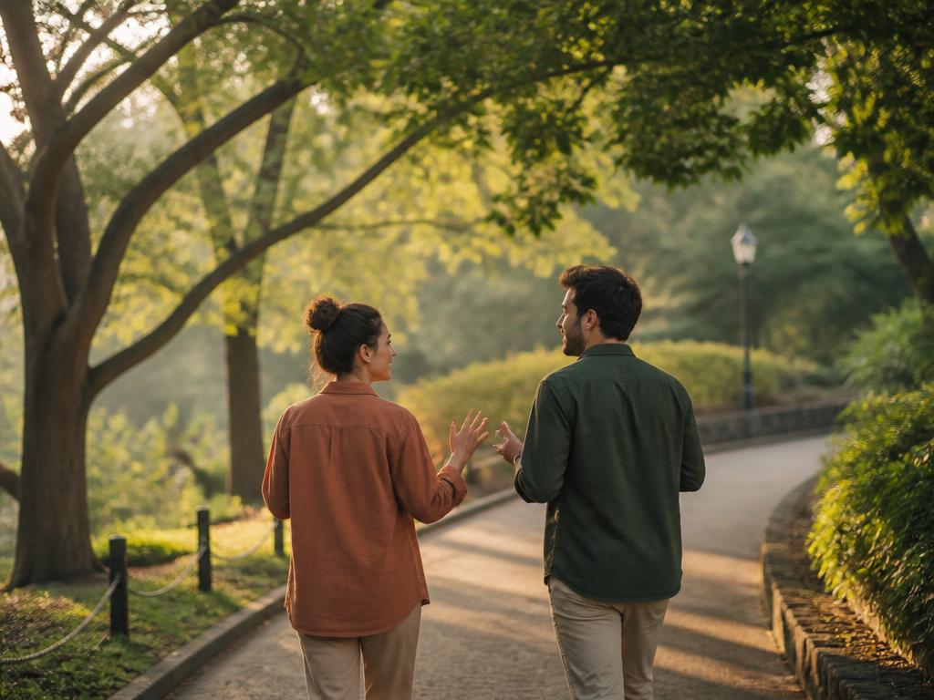 Due persone camminano conversando su un sentiero immerso nel verde