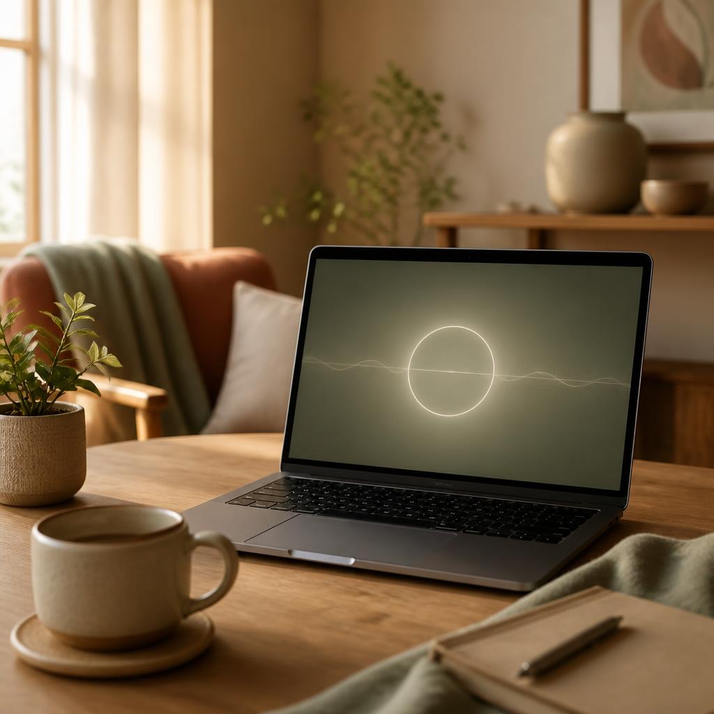 Laptop su un tavolo di legno in un ambiente domestico caldo